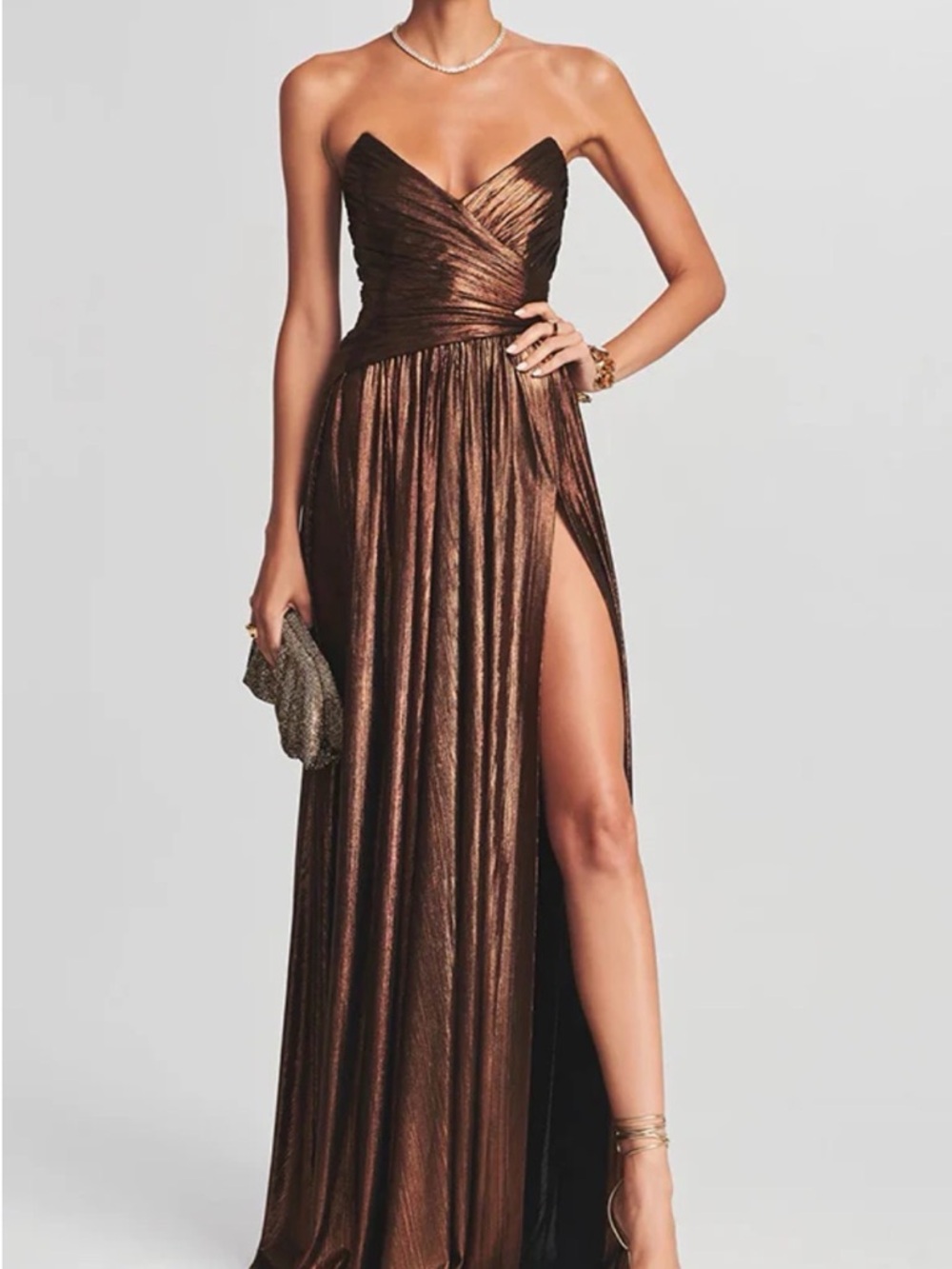 Strapless Metallic Bronze Evening Gown with High Slit